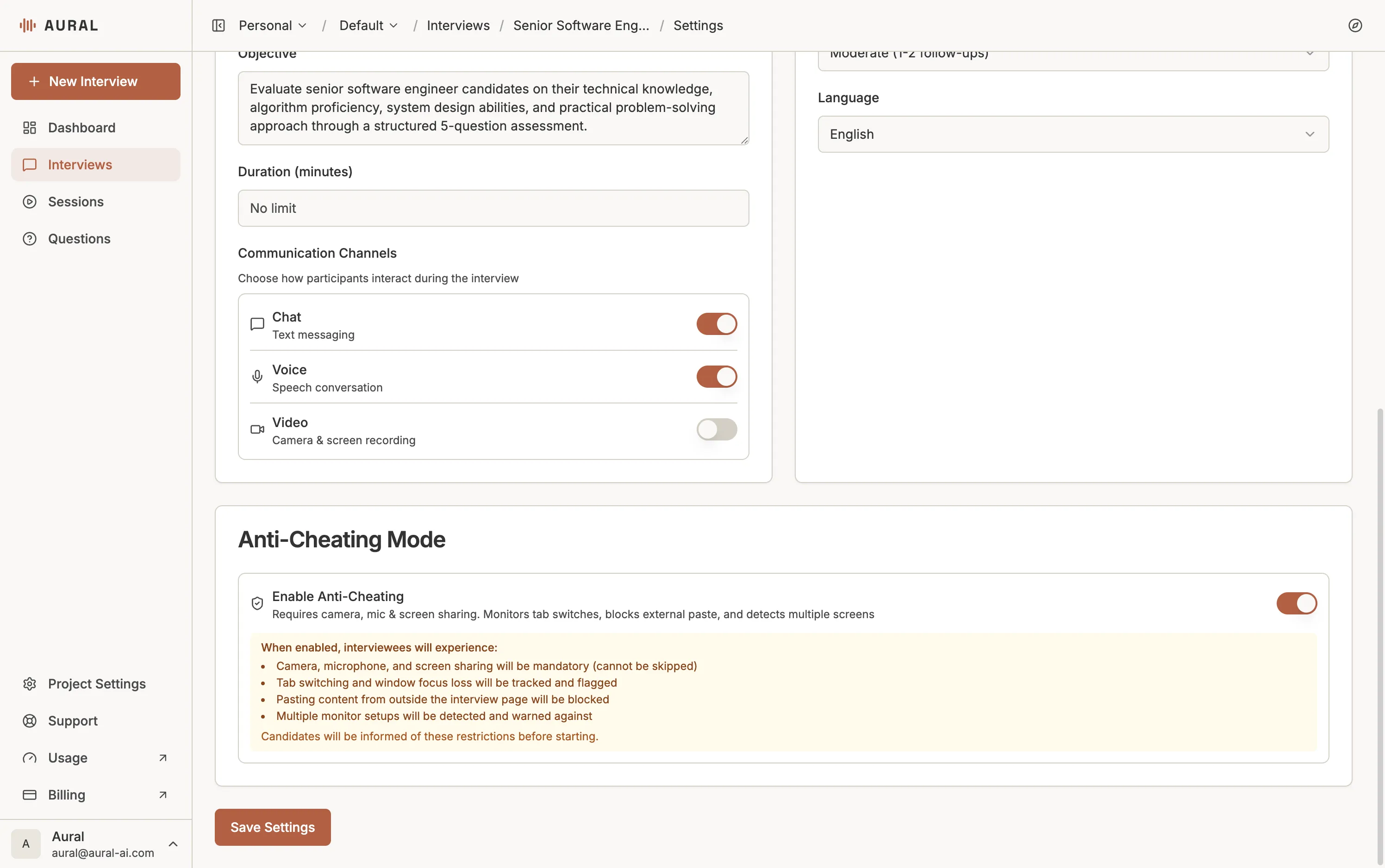Anti-Cheating Mode toggle in interview settings with a description of enforced restrictions