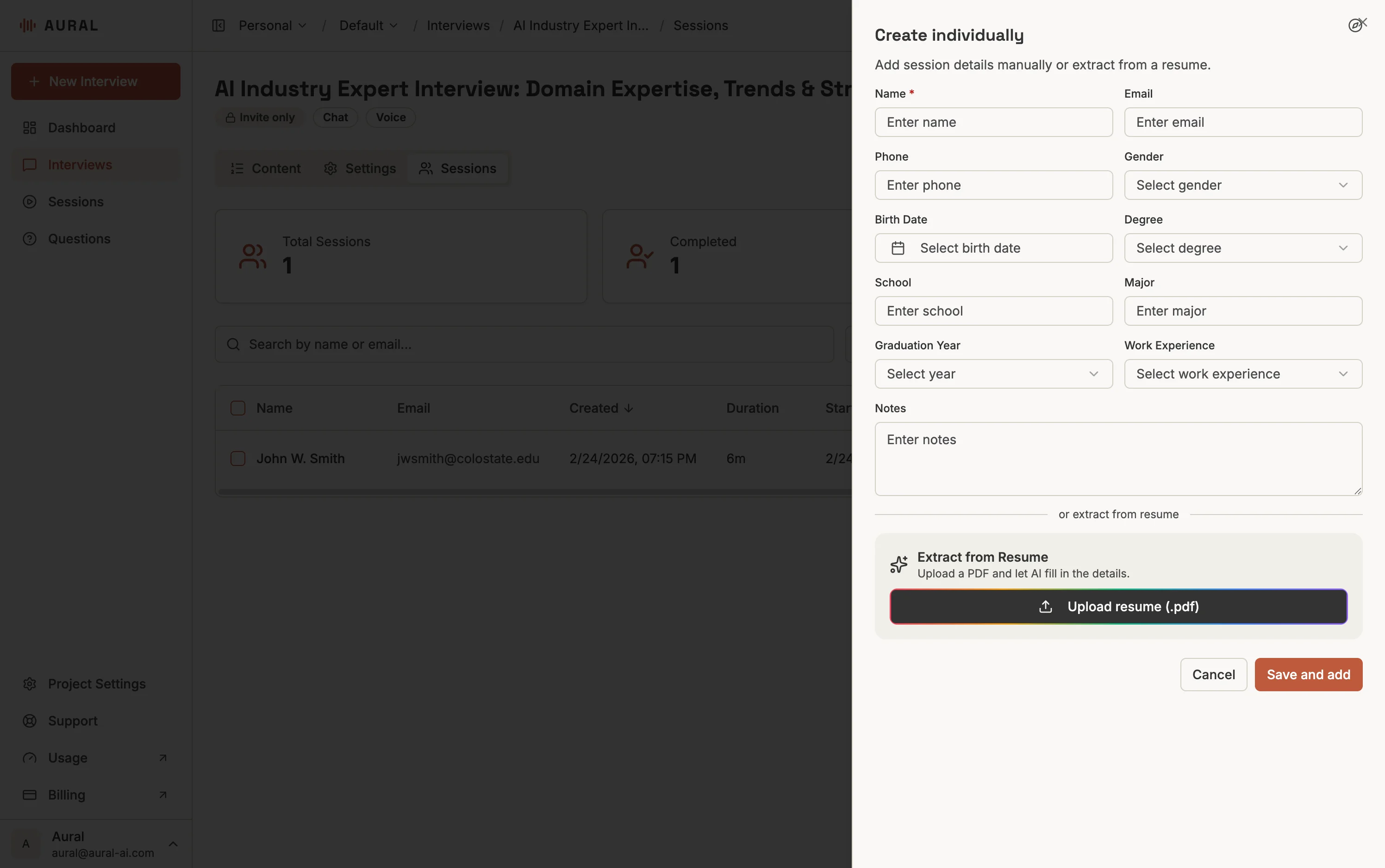 Create individually dialog with name, email, phone, school, and resume upload fields