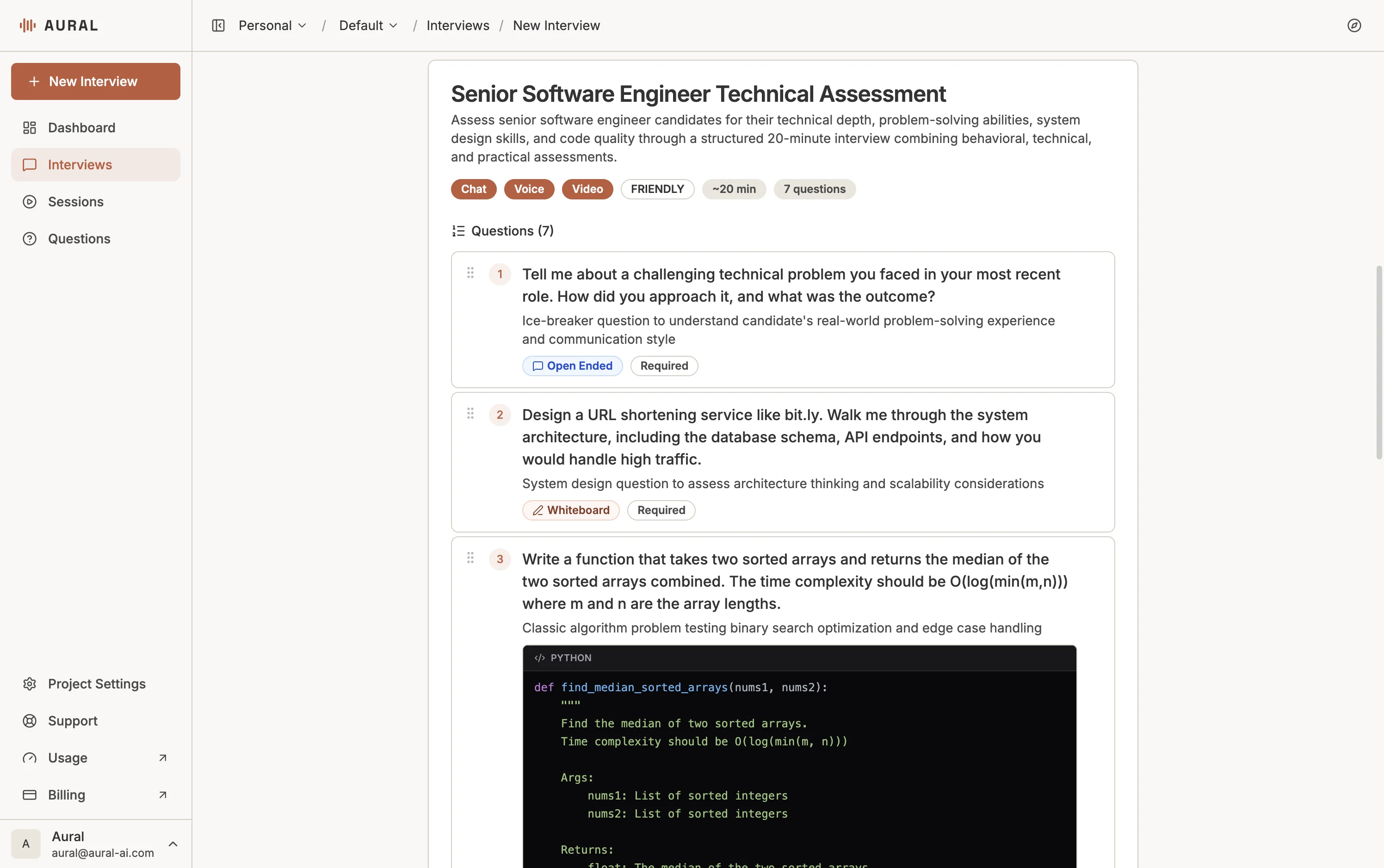 Question editor with generated questions and type labels