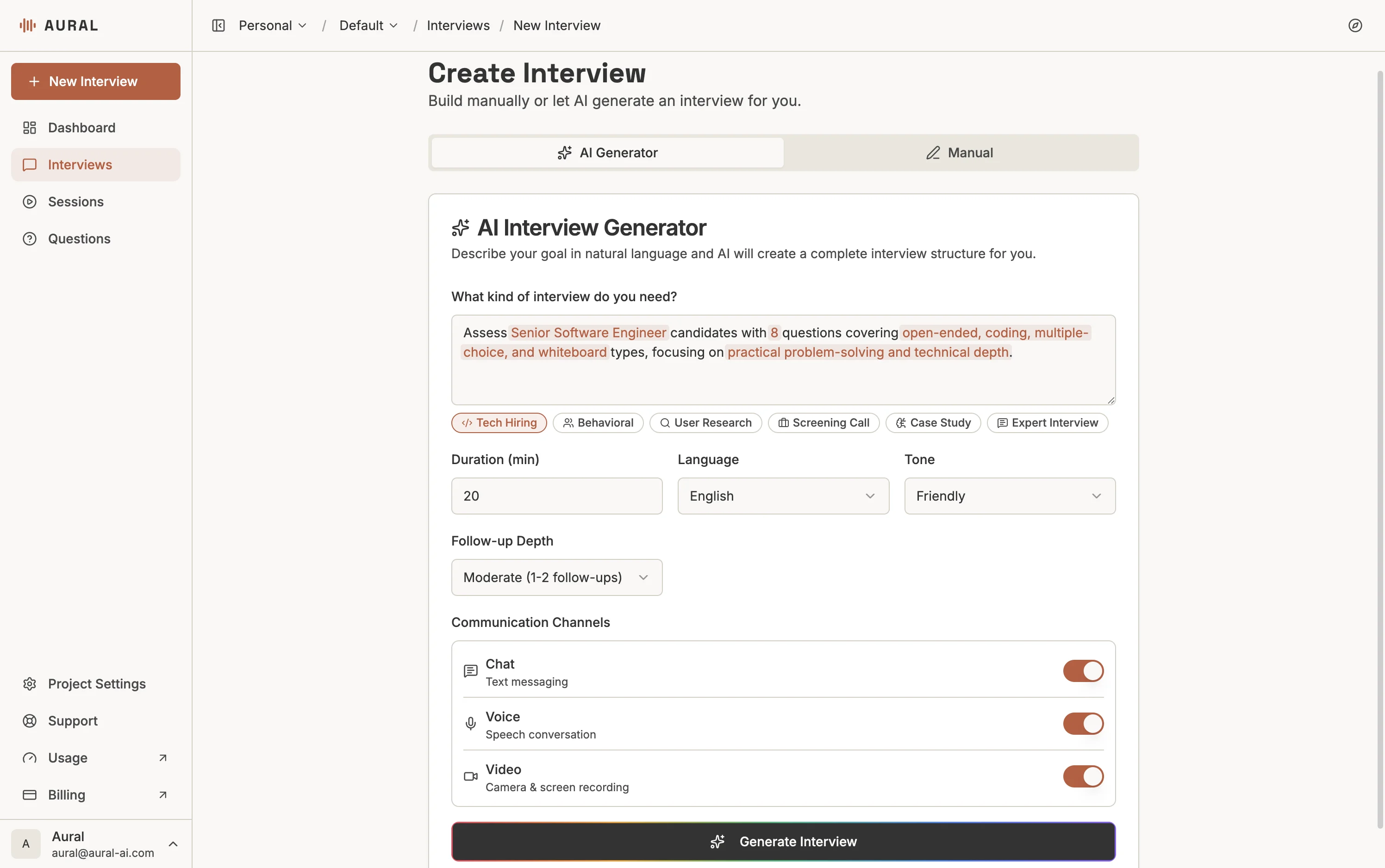 AI Generator tab with goal description and configuration options