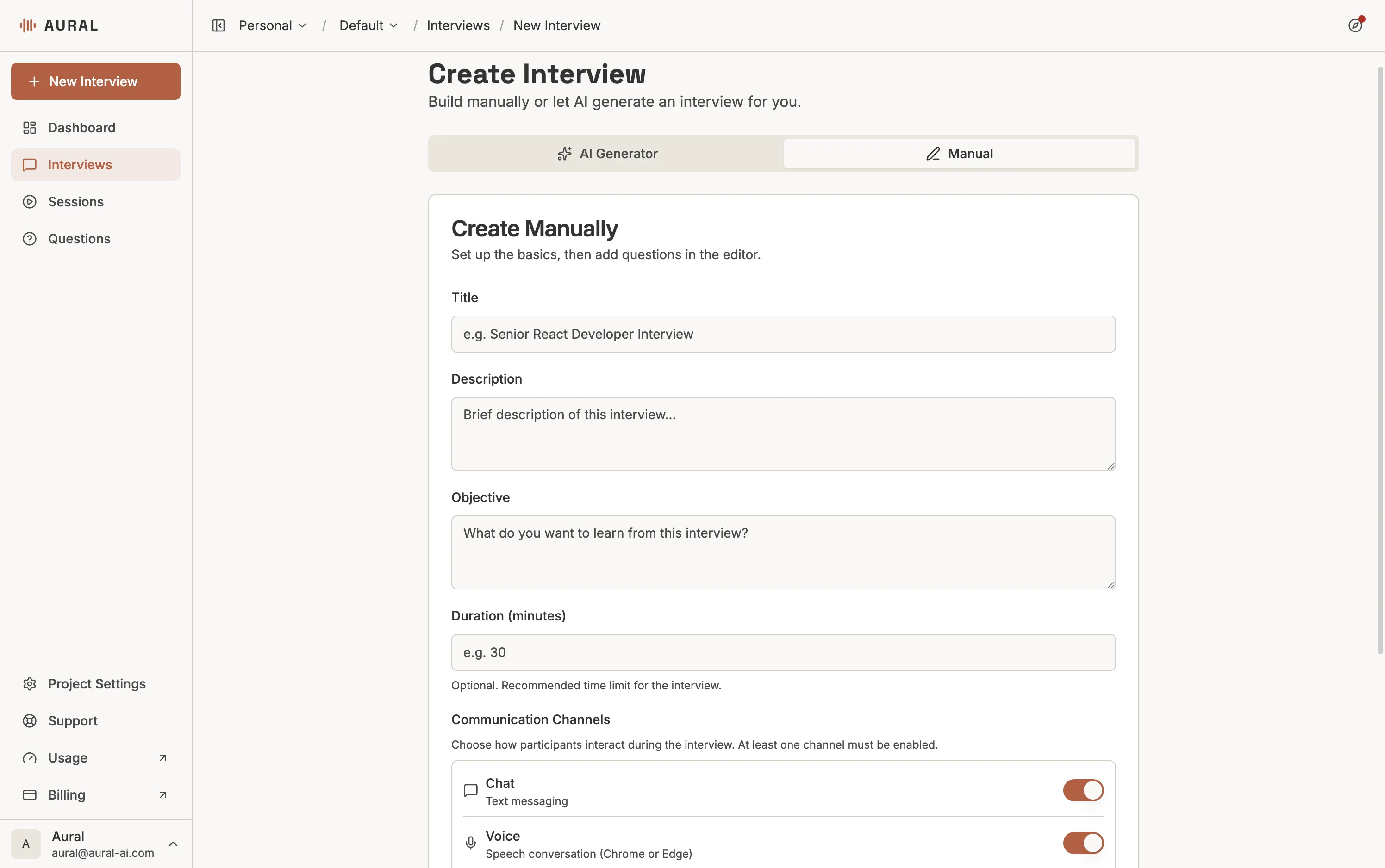 Manual creation tab with title, description, objective, and channel options