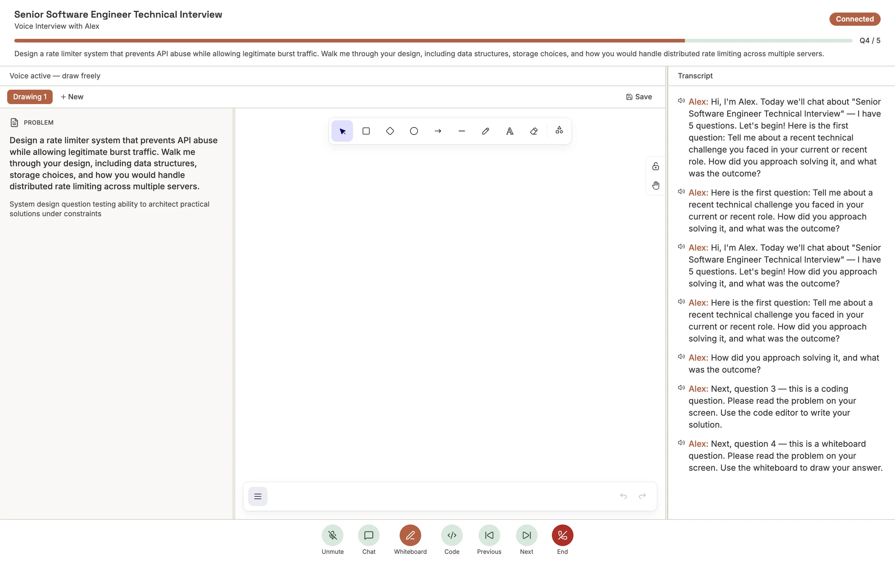 Whiteboard question screen — Excalidraw canvas with architecture diagram and transcript panel