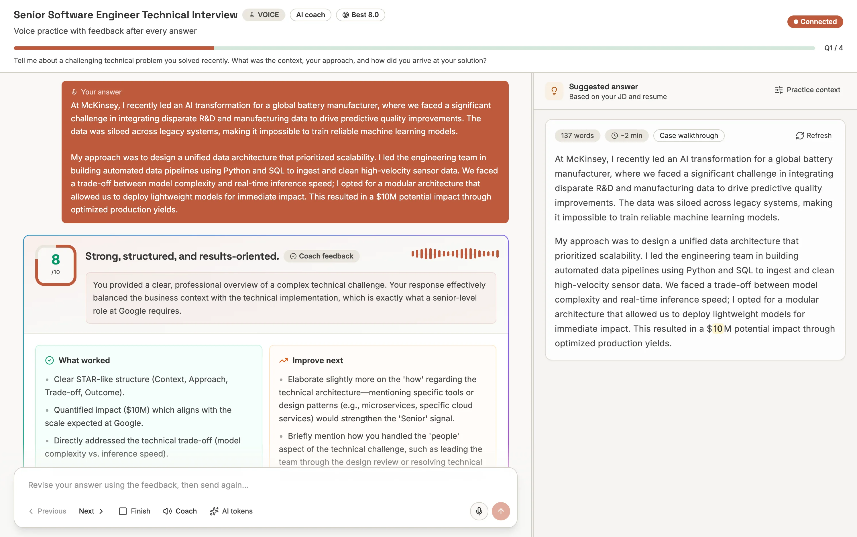 Focused practice mode with voice answer composer, AI feedback, and suggested answer panel