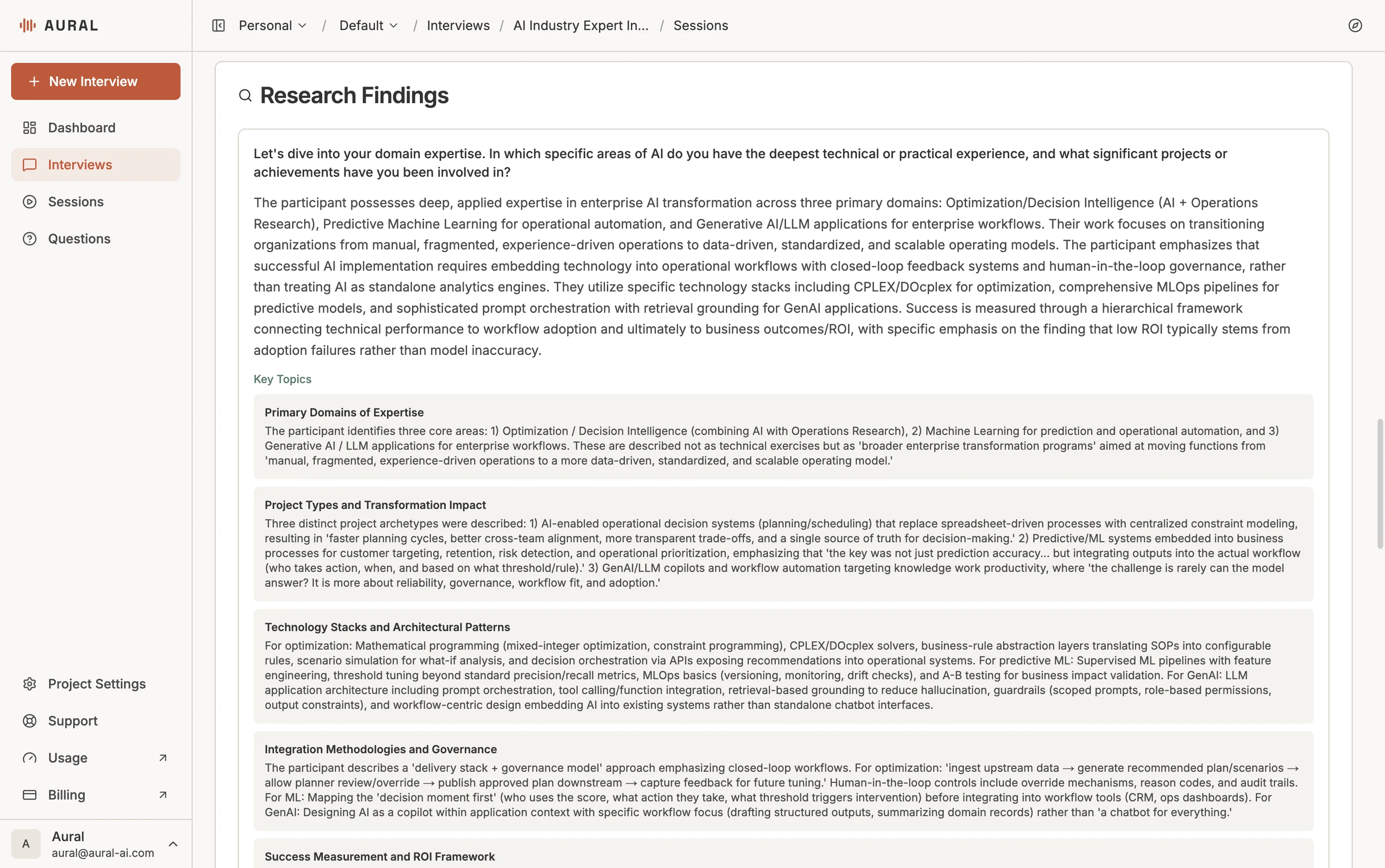 Research Findings showing extracted key topics and detailed data points from a research interview