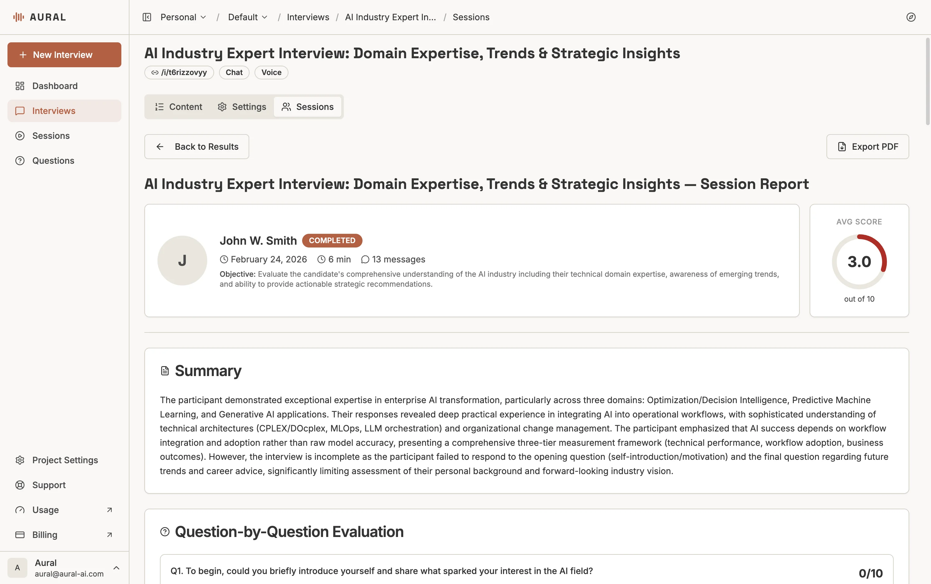 Session report header with candidate info, completion status, average score, and AI summary