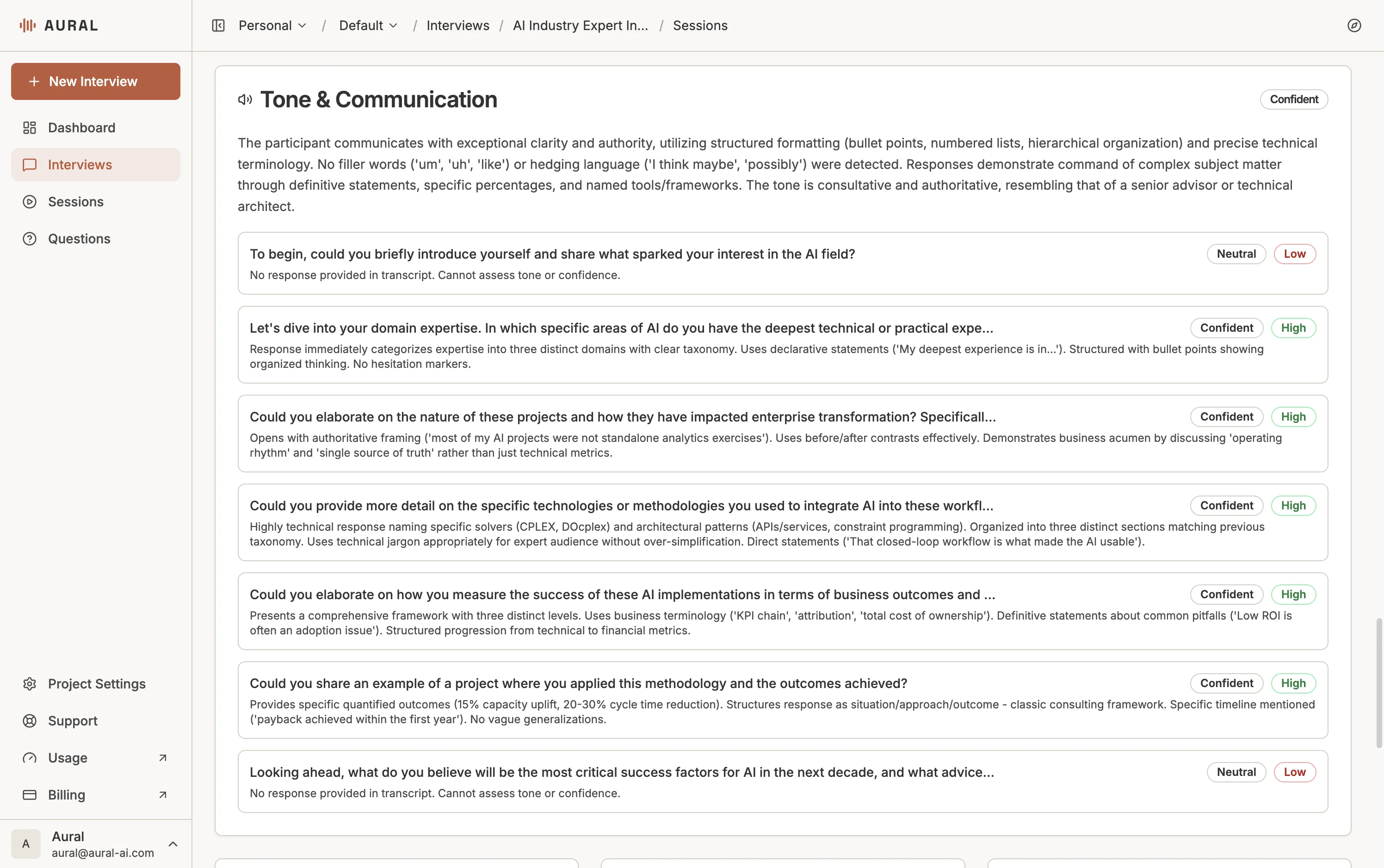 Tone and Communication analysis with per-question confidence and impact ratings